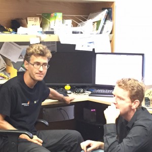 Martin C and Jon in the office discussing how to counter the veritcal movement of the car from one of the dash cams - Perth Daytime Fireball