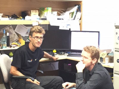 Martin C and Jon in the office discussing how to counter the veritcal movement of the car from one of the dash cams - Perth Daytime Fireball